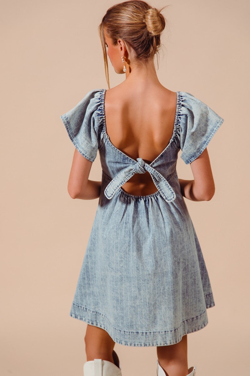 Washed Stripe Denim Dress With Back Tie