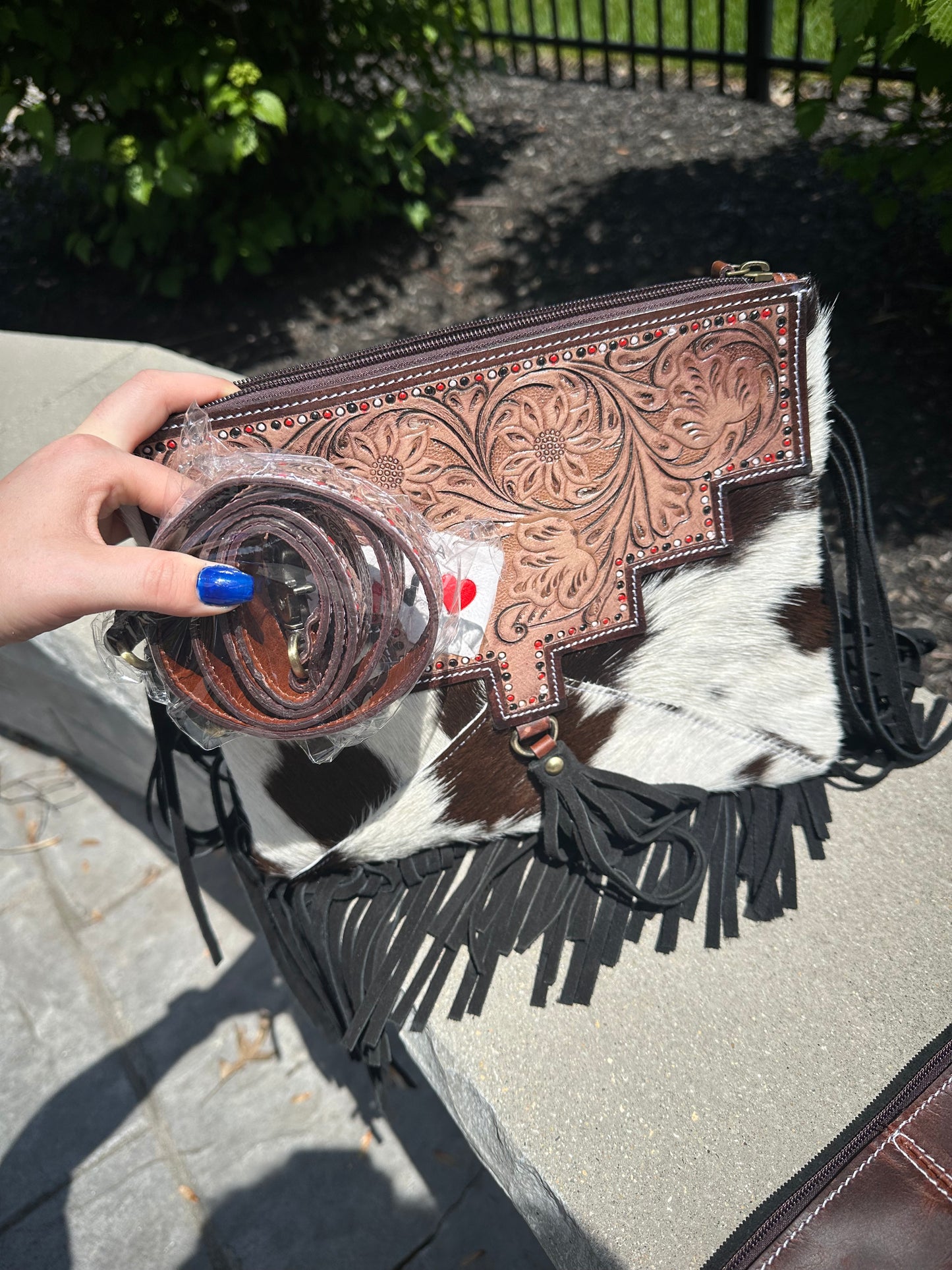 Hand Tooled Genuine Cowhide Leather Fringe Aces Cards Purse