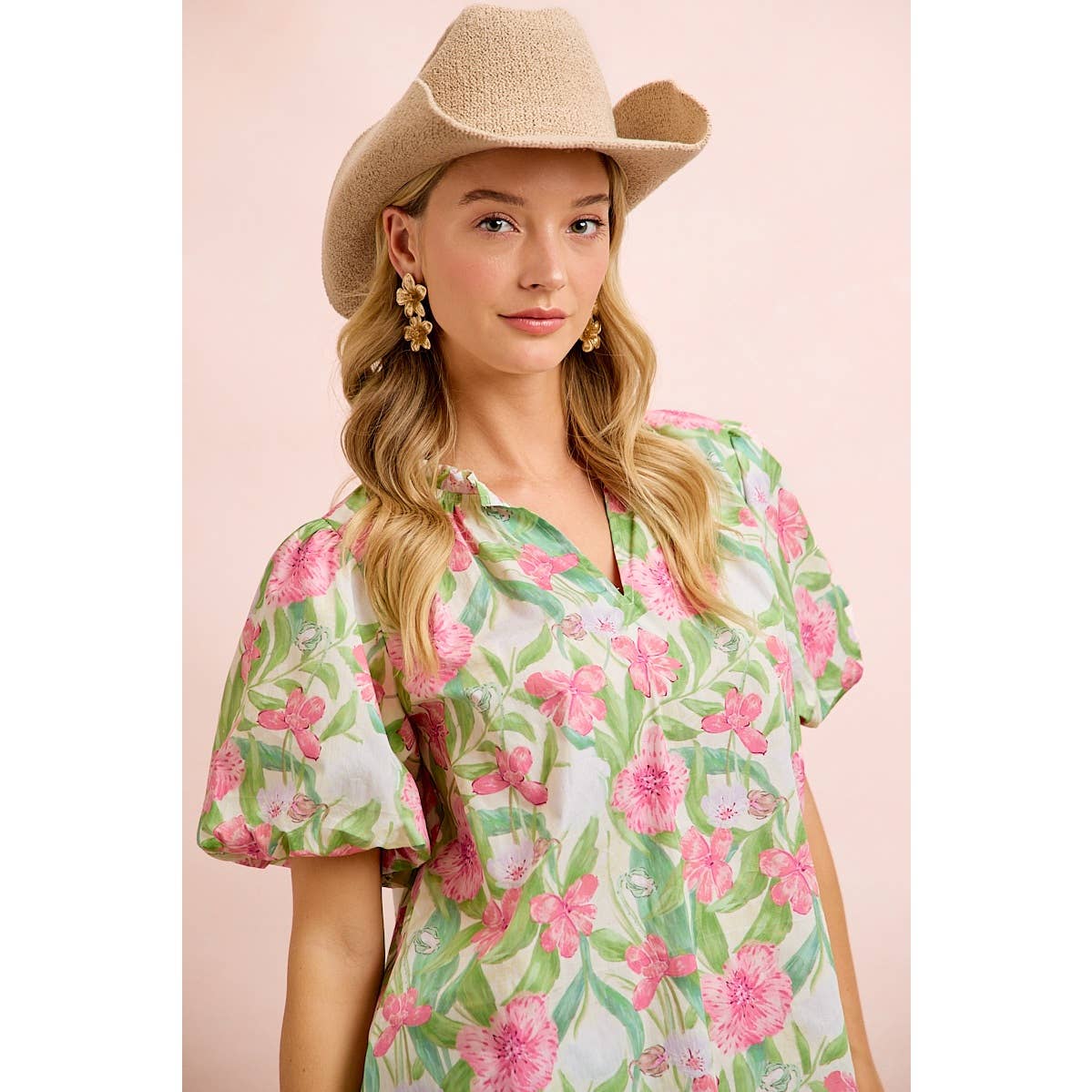 FLOWER PRINTED WOVEN RUFFLED V NECK TOP