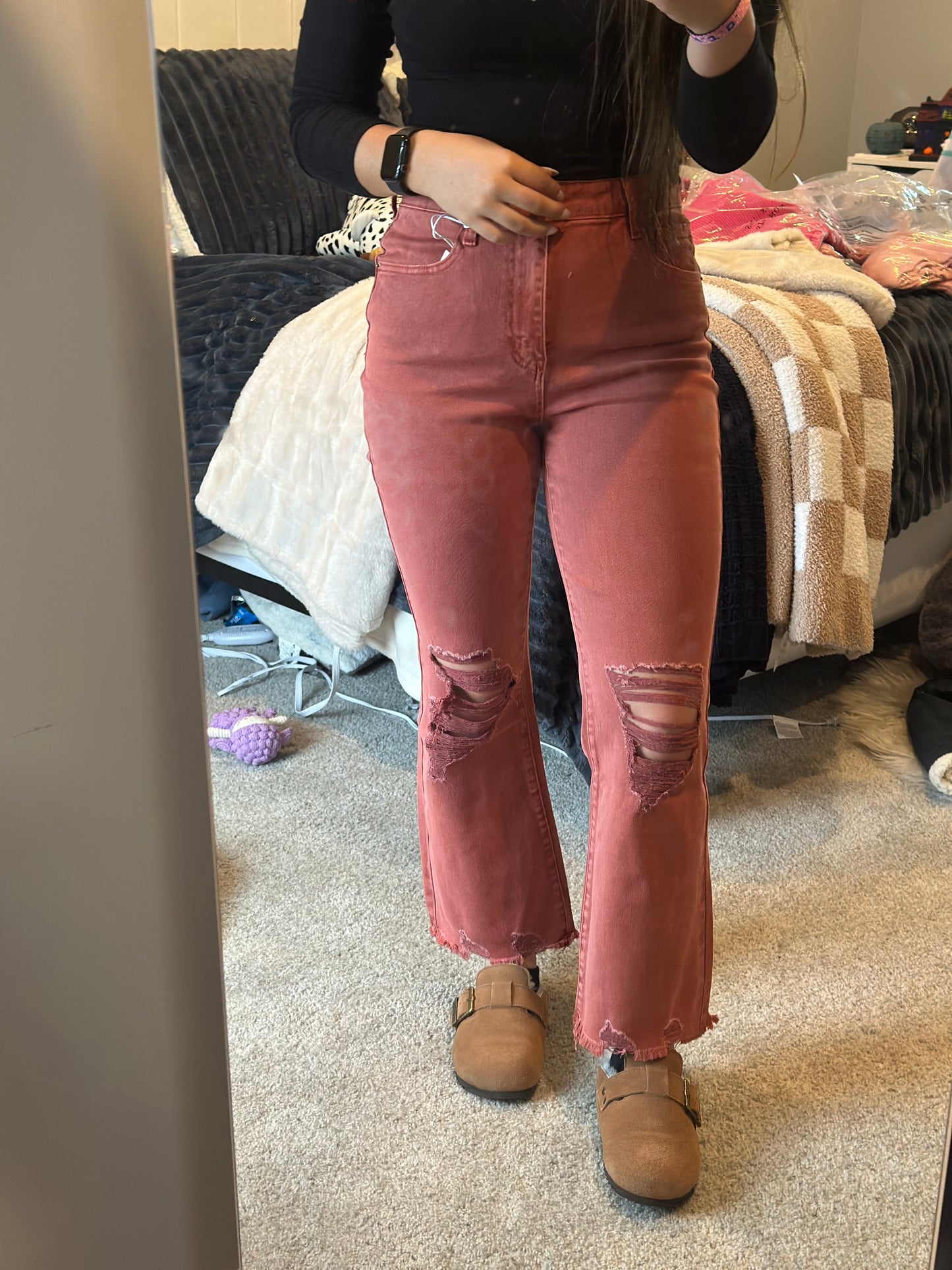 Acid washed high waist distressed straight pants