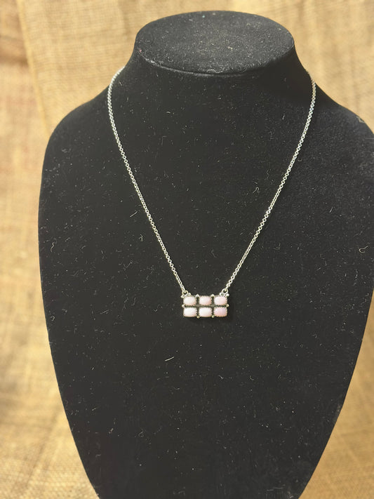 Handmade Sterling Silver & Pink Conch 6 Stone Bar Necklace