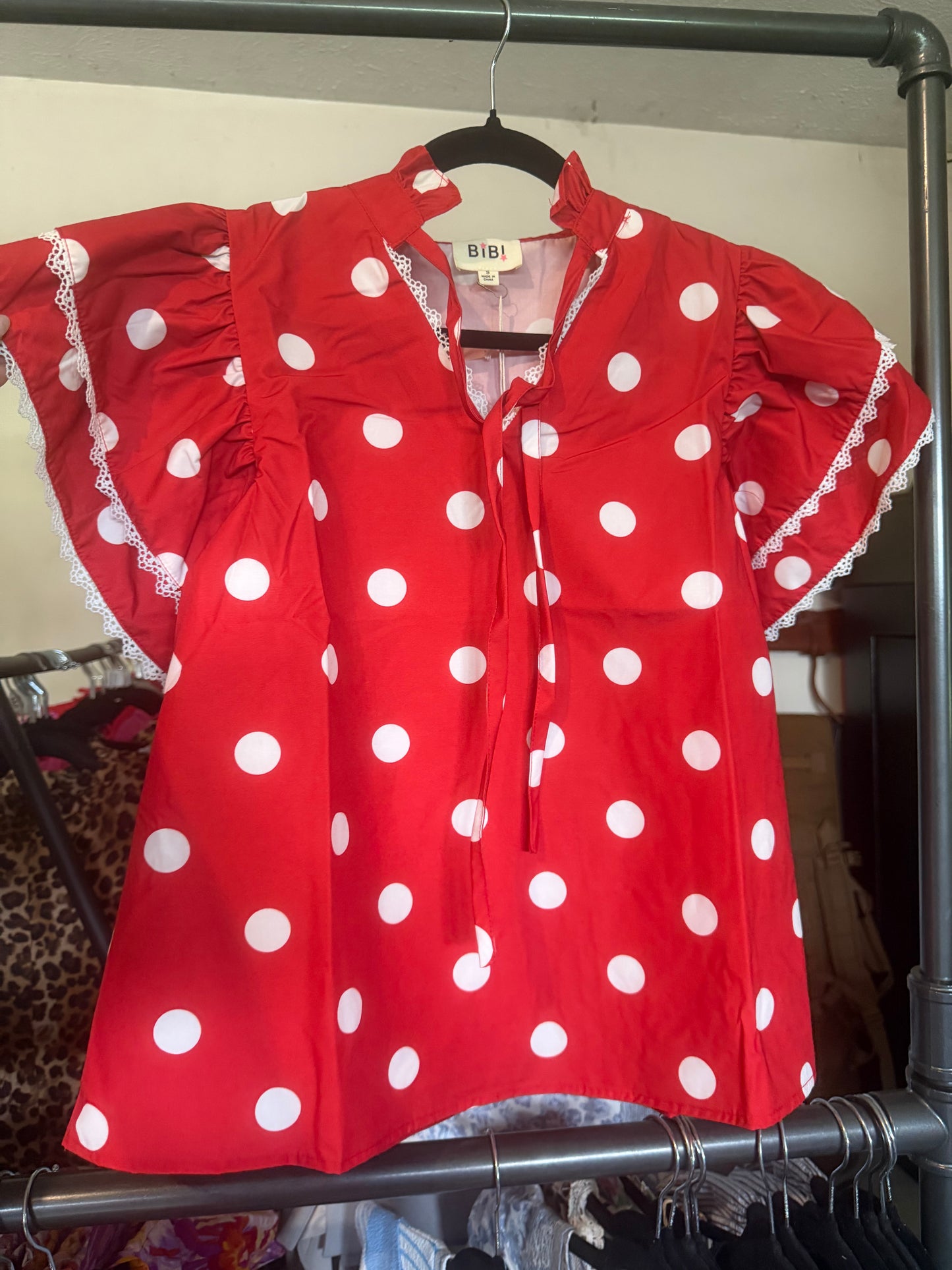 POLKA DOT PRINTED RUFFLE TRIM EDGE BLOUSE TOP