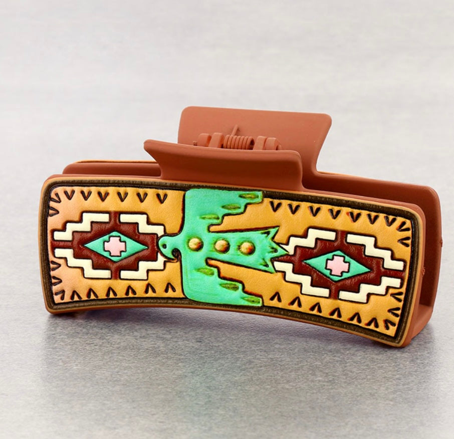 Large tooled leather western claw clip
