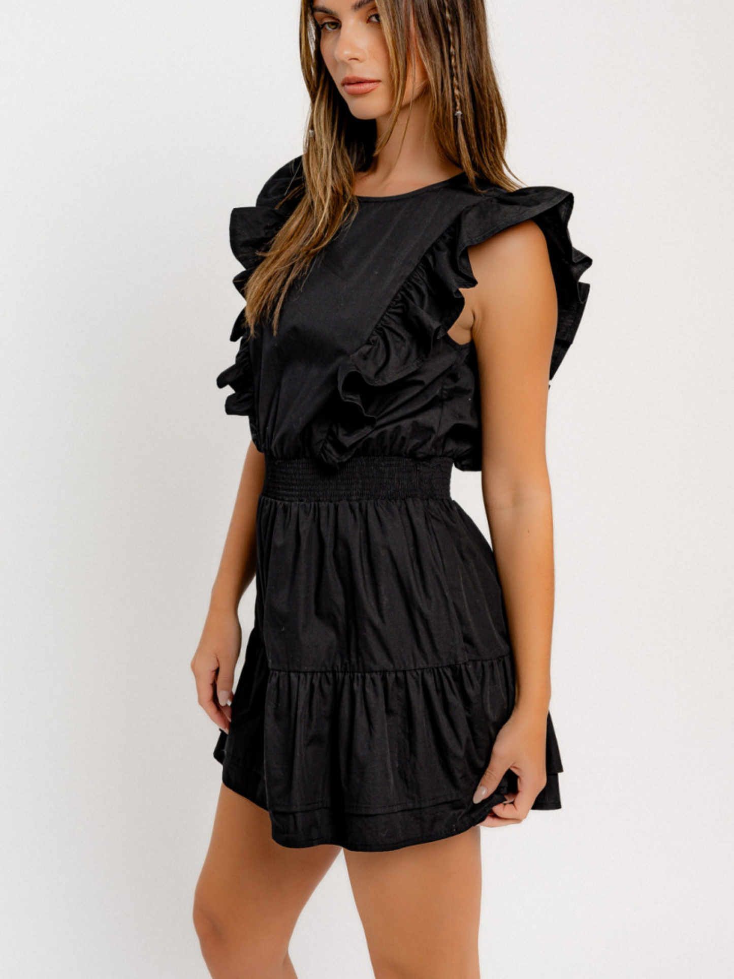 Round Neck Ruffle Sleeve Dress - Black