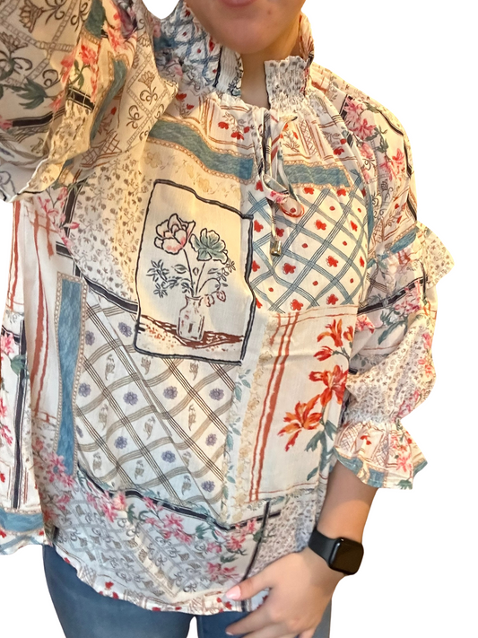 Multicolour Boho Floral Patched Ruffled Sleeve Tied Neck Blouse