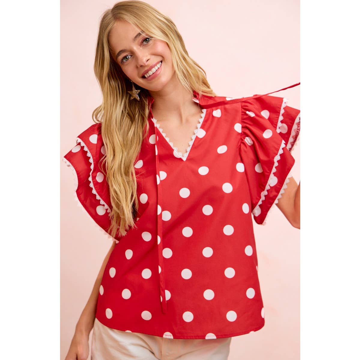 POLKA DOT PRINTED RUFFLE TRIM EDGE BLOUSE TOP