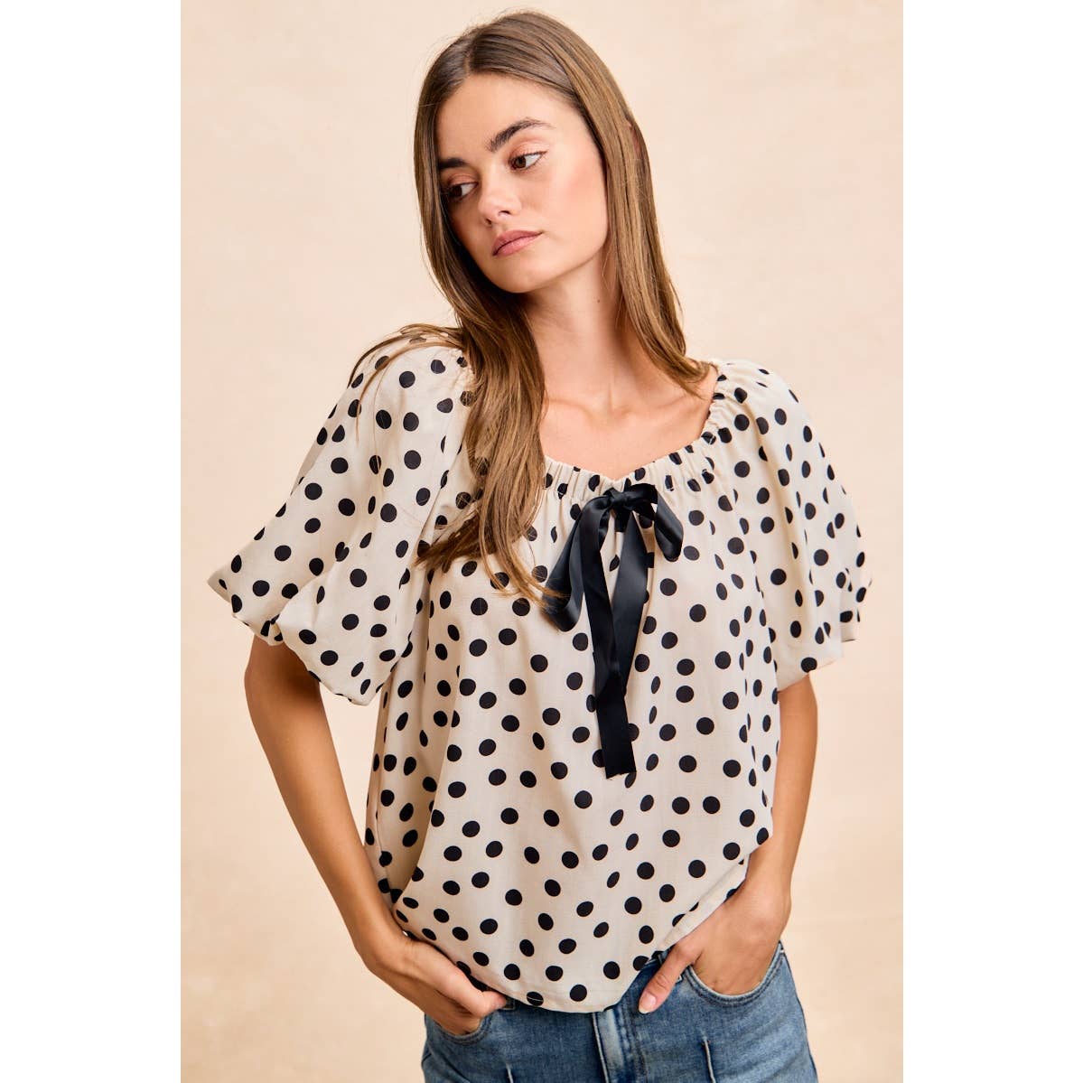 POLKA DOT BOW ELASTIC OPENING PUFF SLEEVES TOP