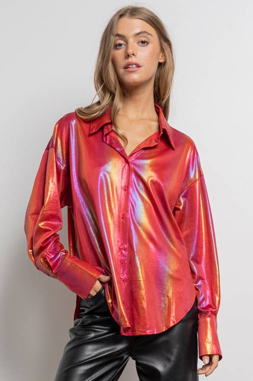Rainbow Button Up Long Sleeve Blouse Shirt