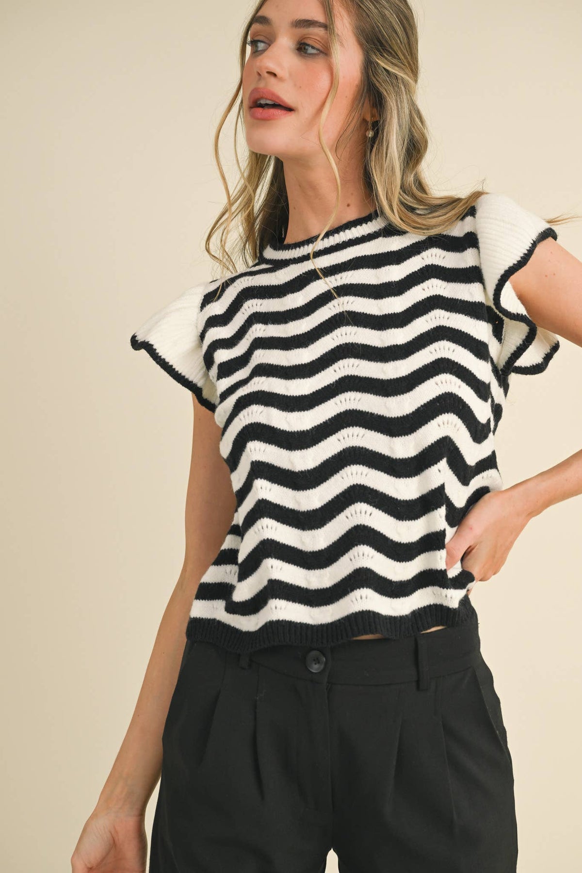 WAVY STRIPES FLUTTER SLEEVE SWEATER TOP