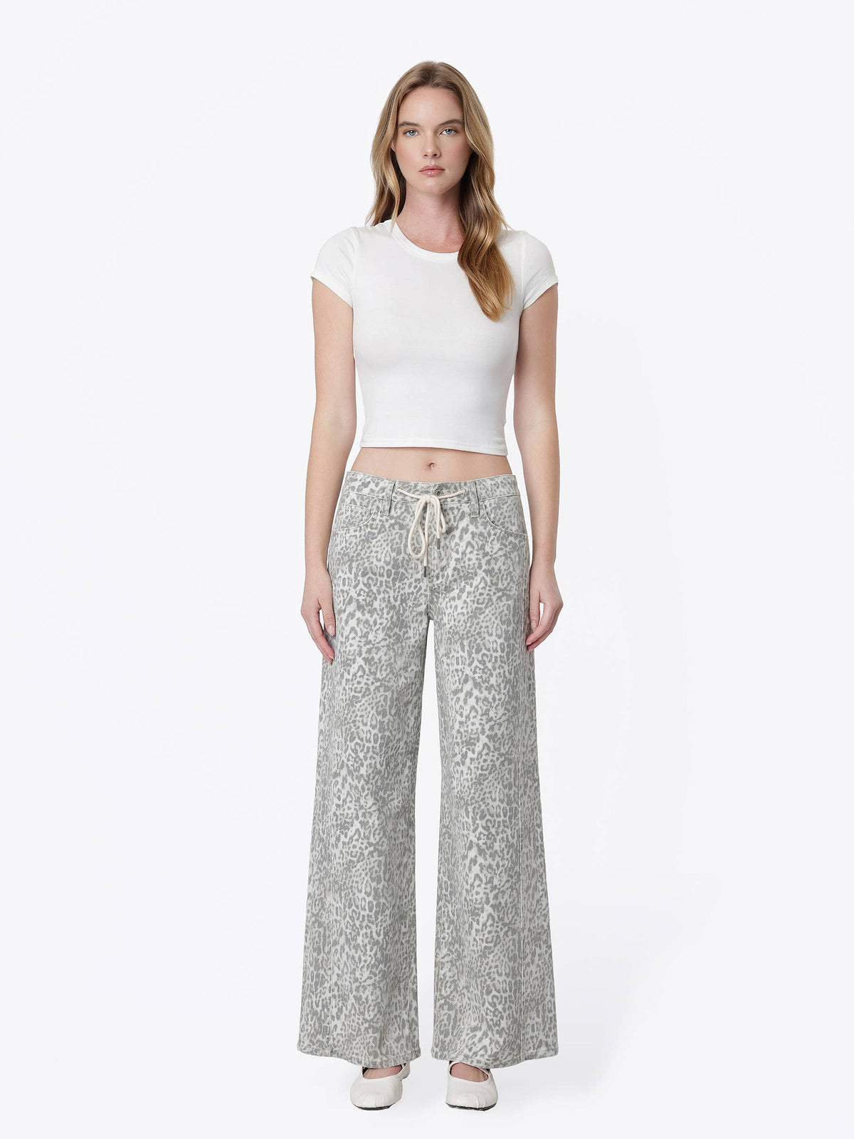 HIGH RISE LEOPARD PRINT DRAWSTRING WIDE JEANS T7517LPD