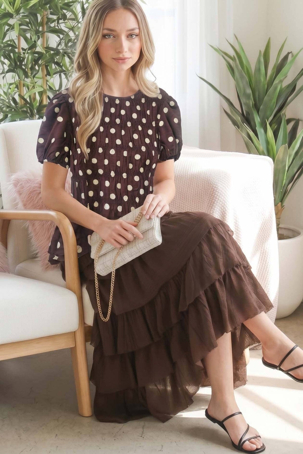 Charming Polka Dot Smocked Detailing Bodice Blouse VT83592
