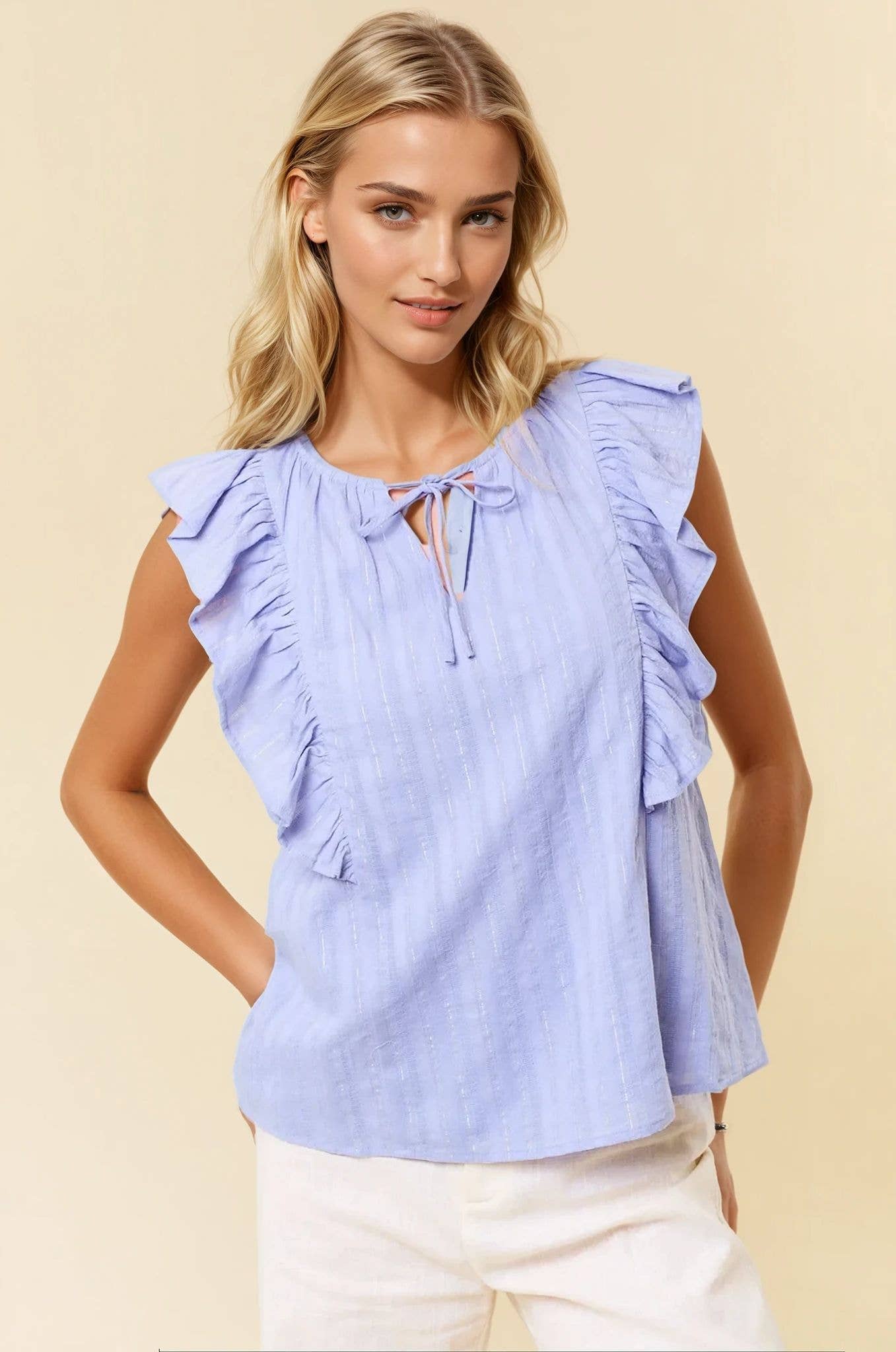 Lurex Striped Split V-Neck Sleeve Top - 44420T