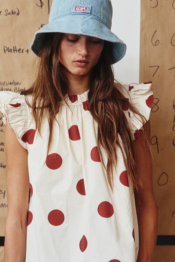 Ruffled Neck & Shoulder Polka Dot Blouse Top