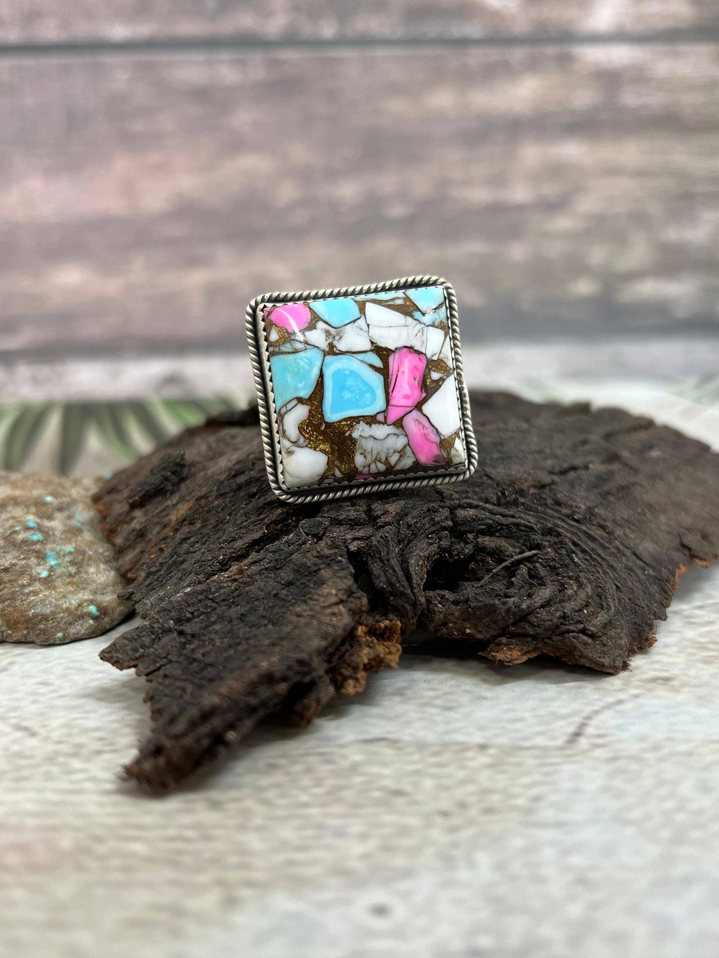 Handmade Sterling Silver Cotton Candy Turquoise Adjustable Ring with Signed Nizhoni