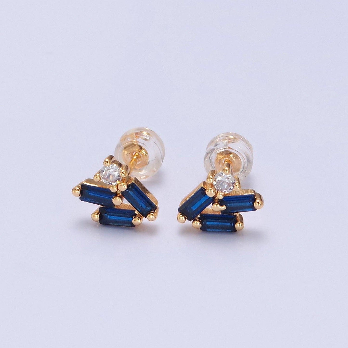 Sapphire Blue CZ Baguette Stud Earrings in 14K Gold