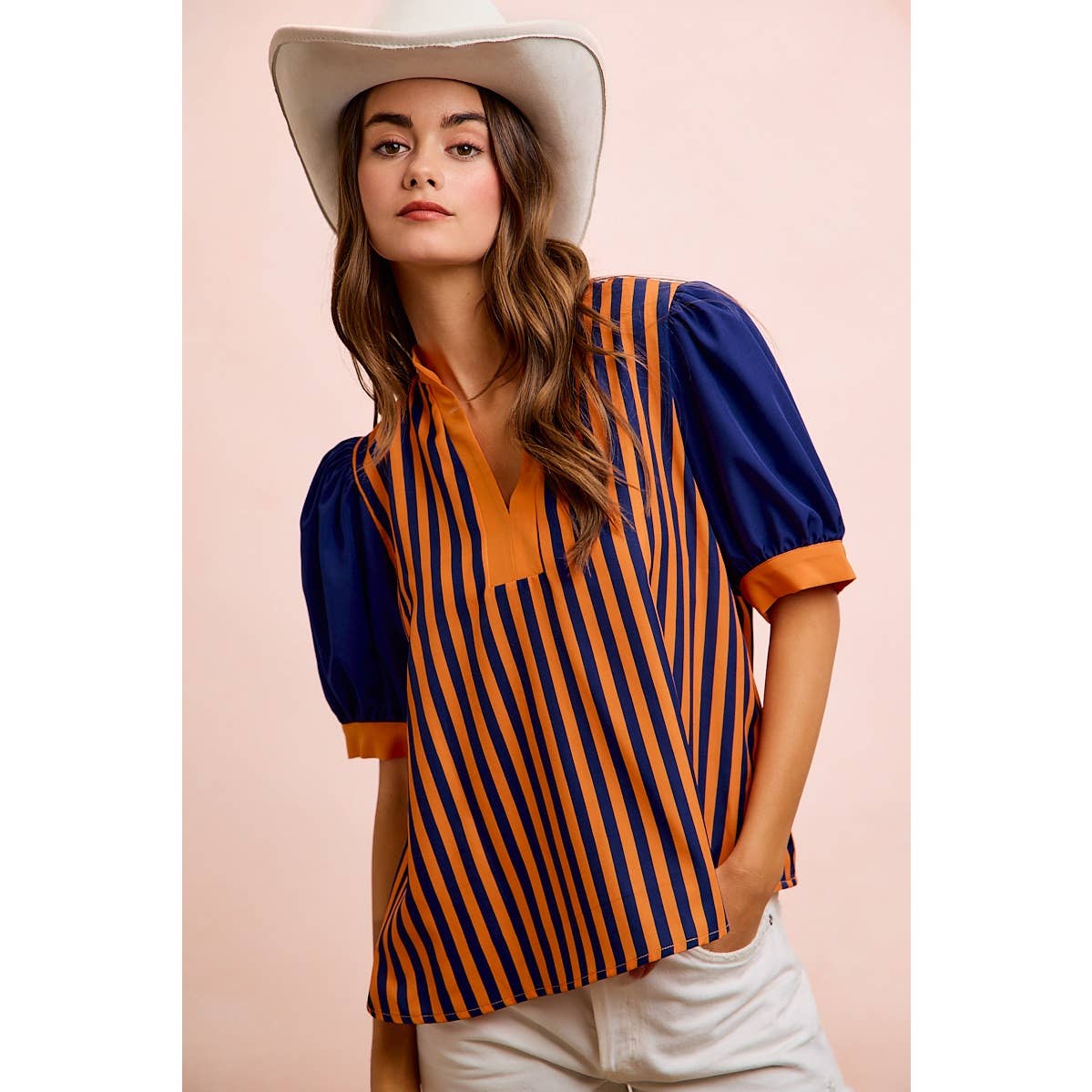 GAMEDAY THEME STRIPED WOVEN BLOUSE TOP