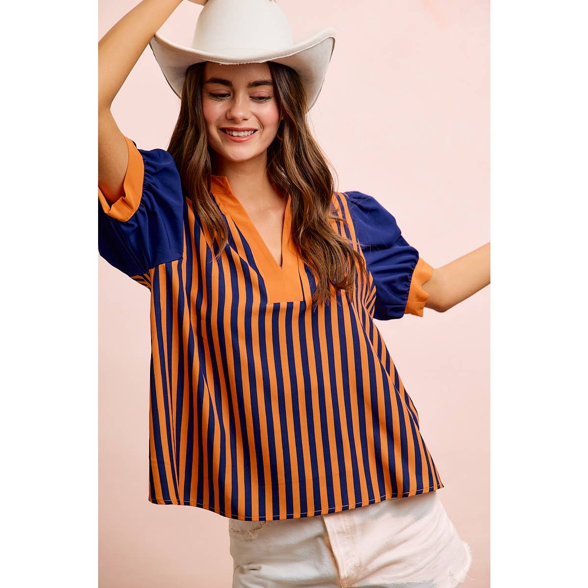GAMEDAY THEME STRIPED WOVEN BLOUSE TOP