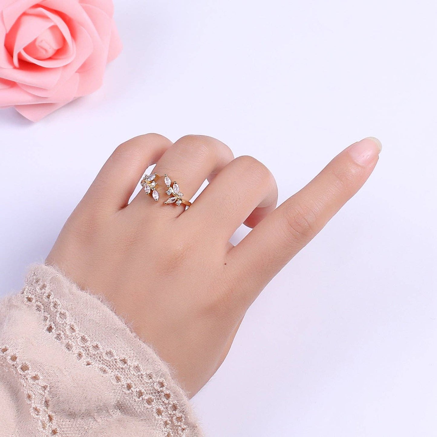 Gold Marquise Ring, Cz Open Adjustable Stacking Rings, Curved Ring, Birthday Gift for Her, Anniversary Gift, Crown Gold Ring Open Ring U028