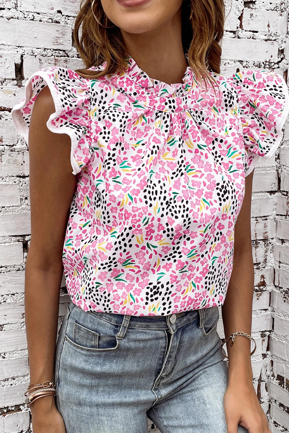 Pink Abstract Floral Print Flutter Sleeves Top