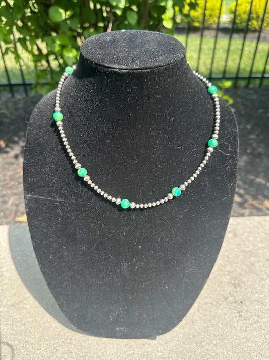 4-8mm graduated navajo style pearl + green turquoise necklace