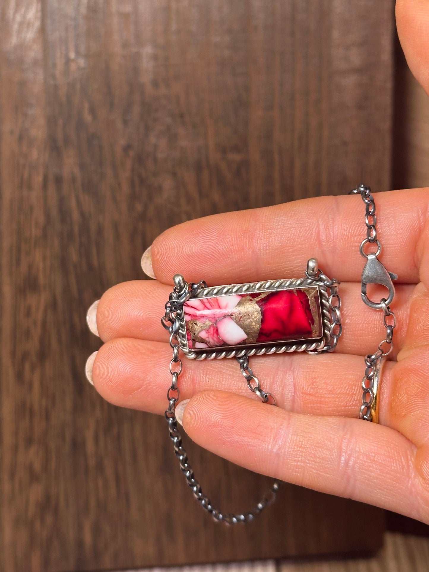 Navajo Rose Dahlia & Sterling Silver Bar Necklace