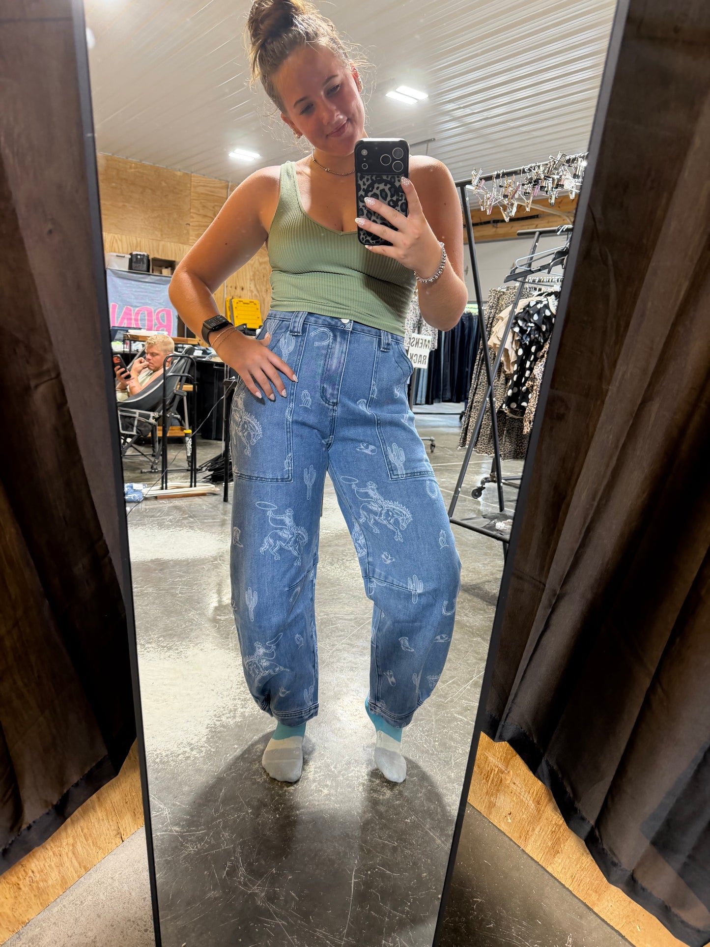 Western Print Barrel Leg Denim Jean