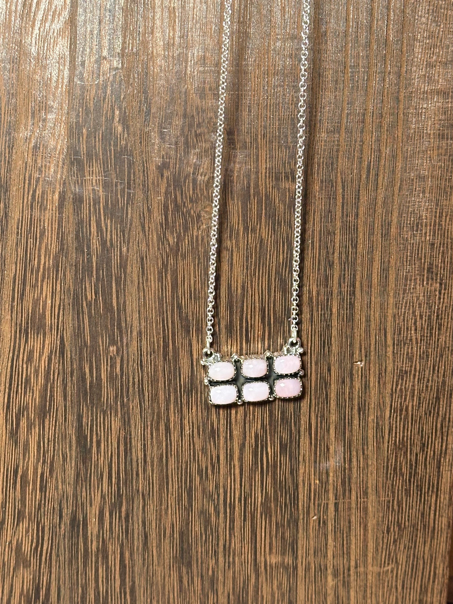 Handmade Sterling Silver & Pink Conch 6 Stone Bar Necklace