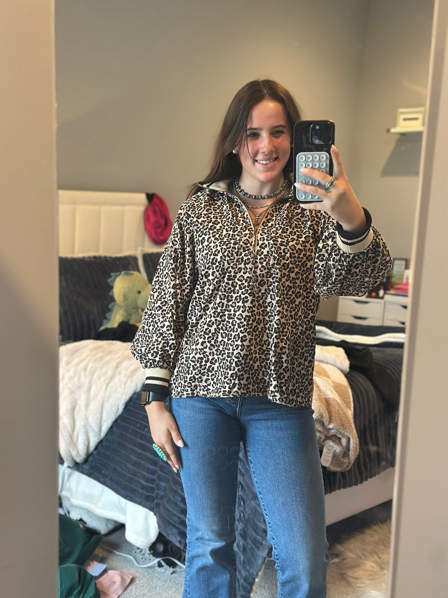 Leopard Print Long Sleeve Quarter Zip