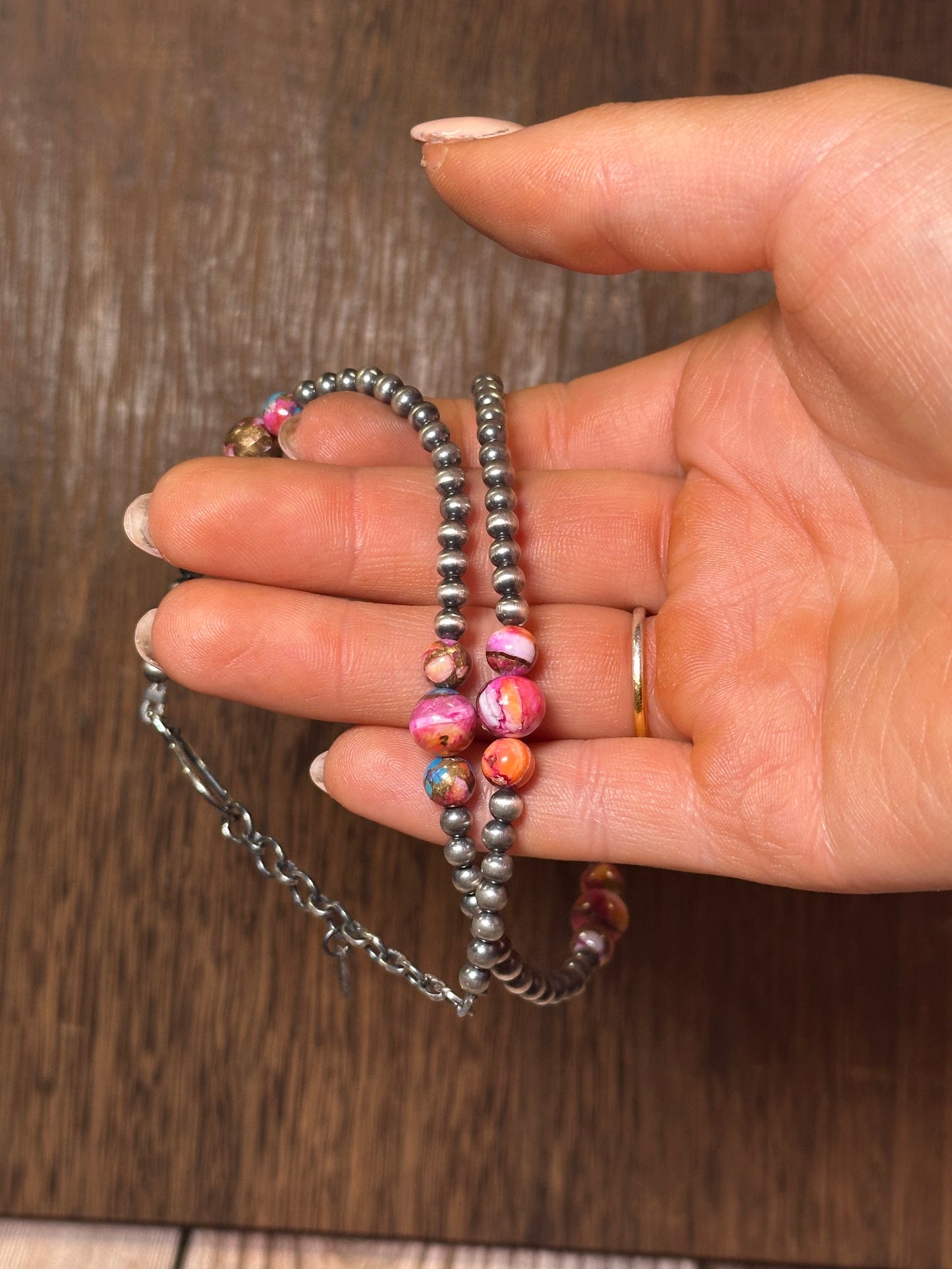 Handmade Pink Dream & Sterling Silver Beaded Necklace 16”