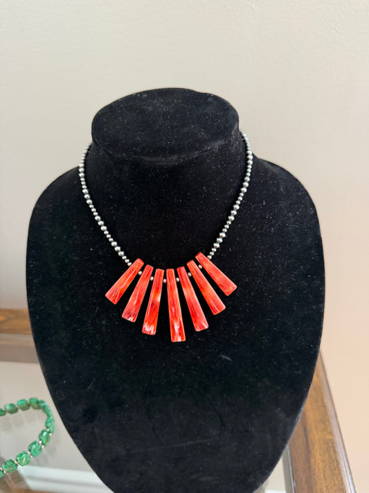 Graduated red spiny x Sterling pearl necklace