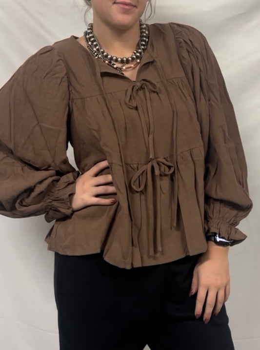 Linen Like Solid Top With Bow Tied Details