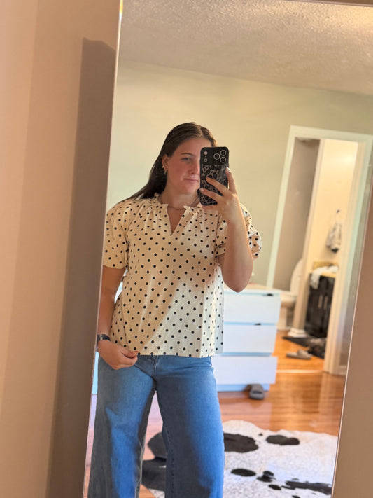 LINEN BLEND POLKA DOT PRINT BUBBLE SLEEVE BLOUSE TOP