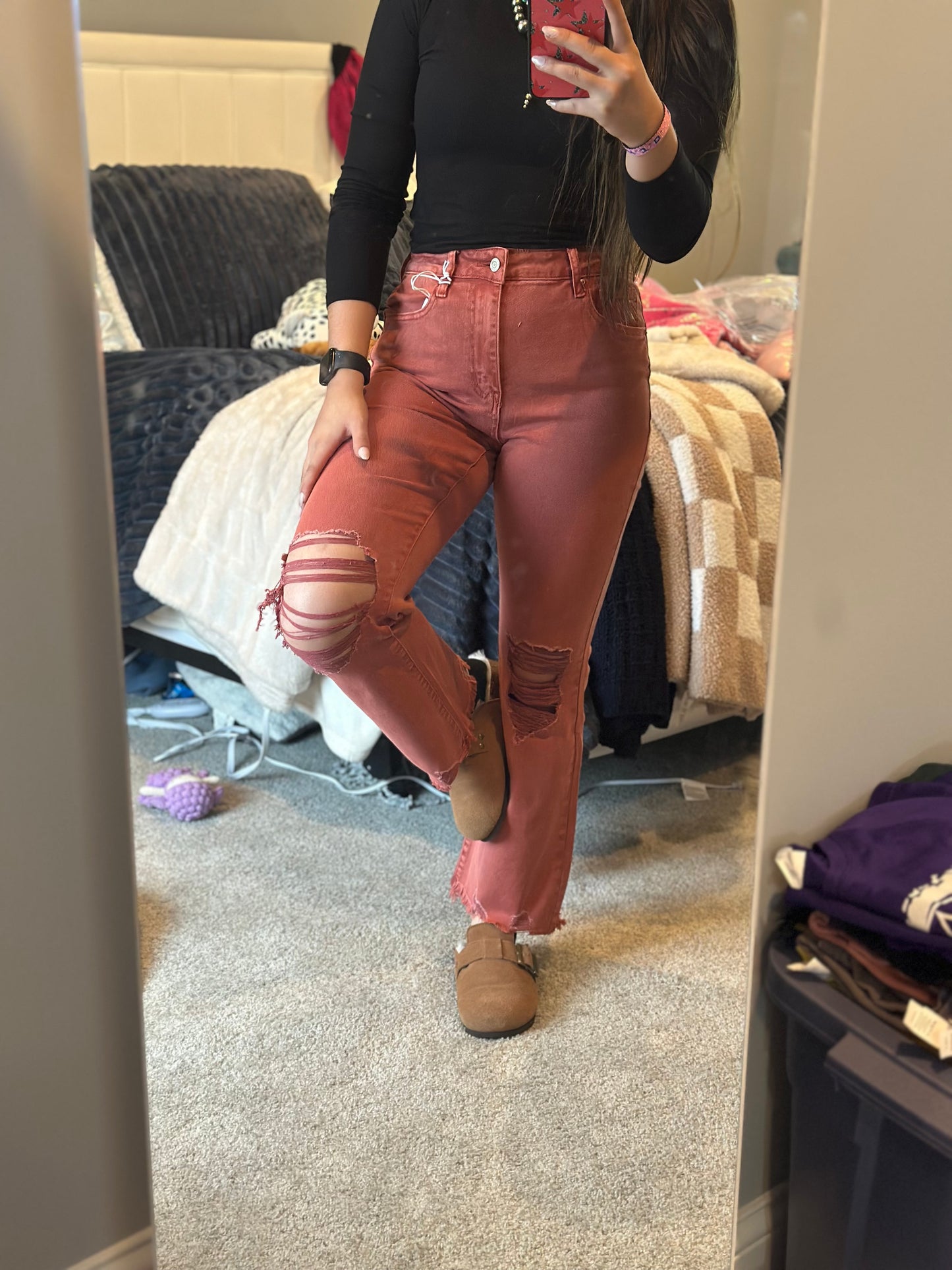 Acid washed high waist distressed straight pants