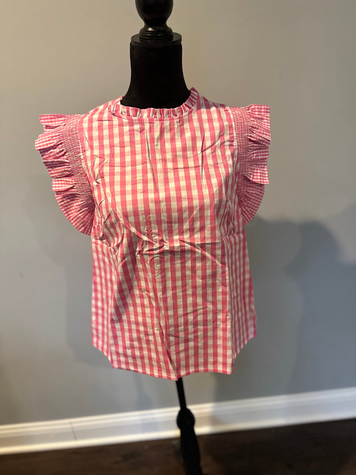 Checkered ruffle sleeve grilled neck blouse