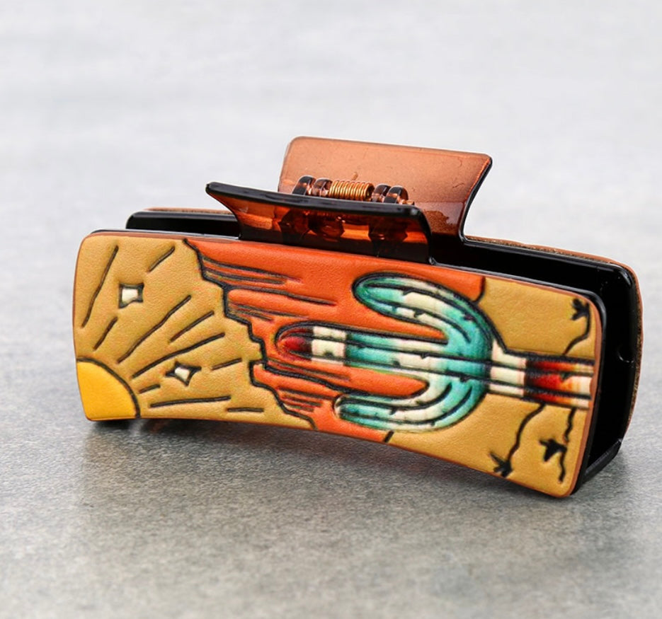 Large tooled leather western claw clip
