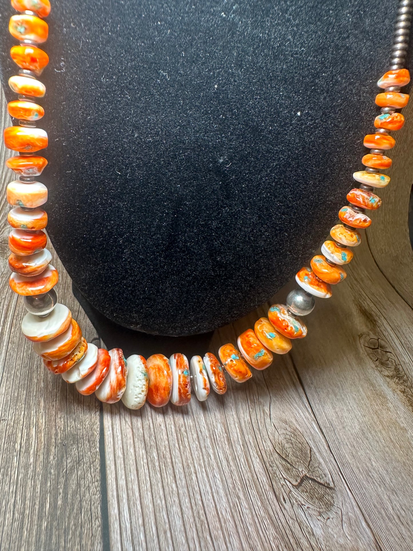 22 Inch orange spiny, turquoise and sterling silver pearls