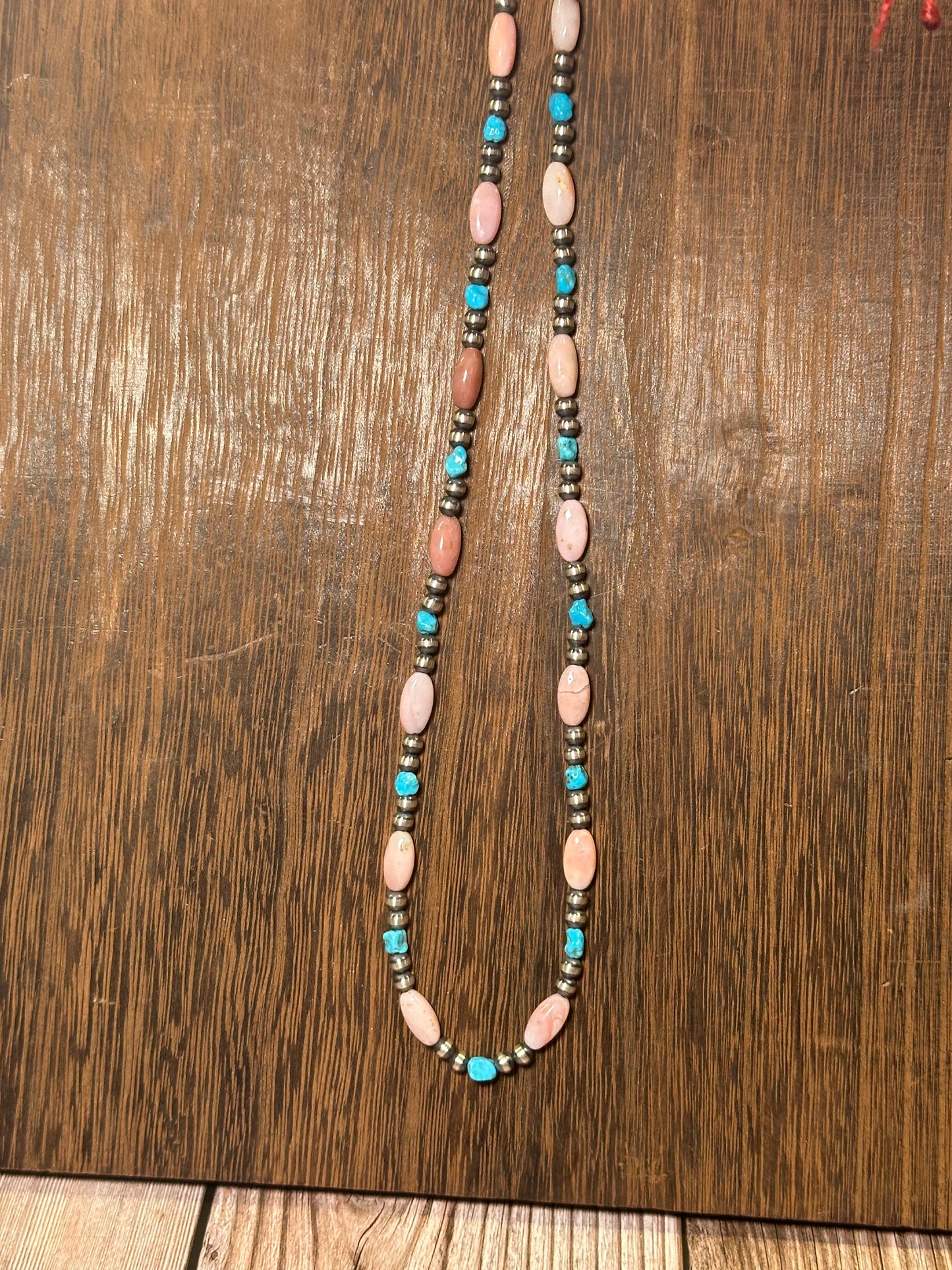 Navajo Sterling Silver Pearls with Kingman Turquoise and Pink Conch 20"