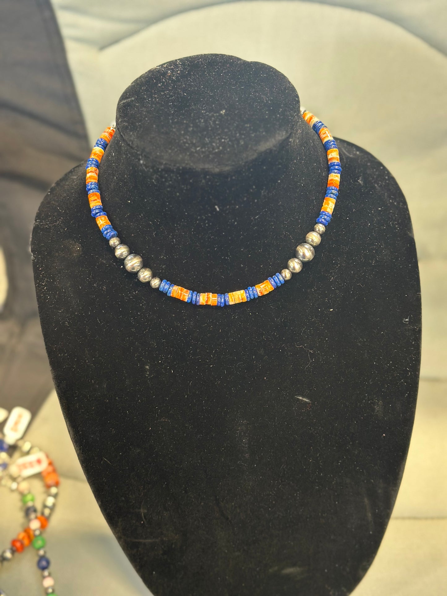 Graduated pearl x blue lapis + orange spiny necklace