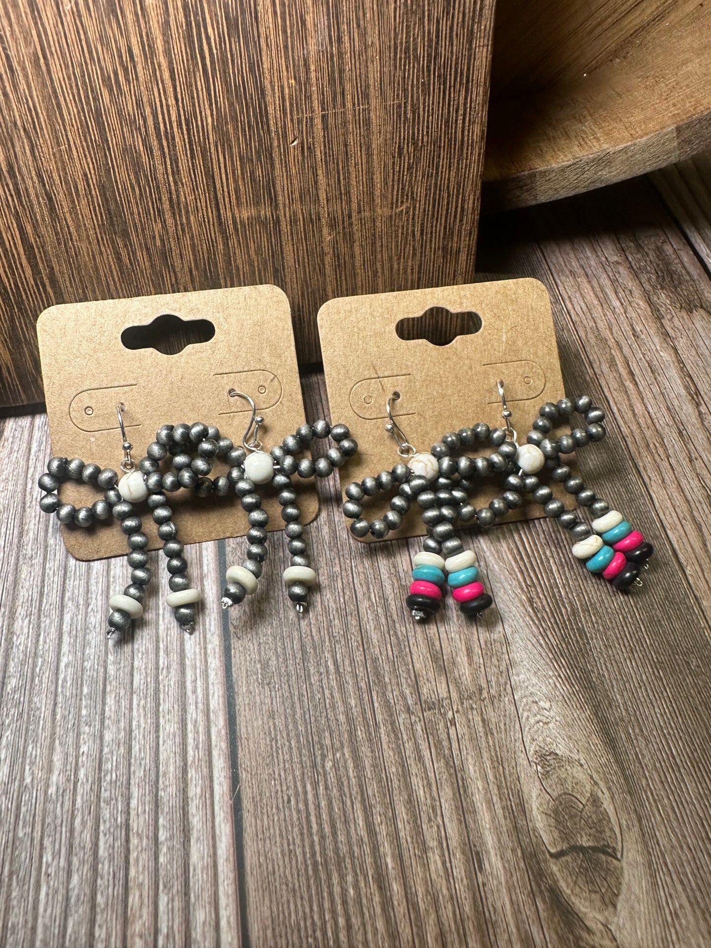 Navajo Style Pearl & Bead Bow Dangle Earrings