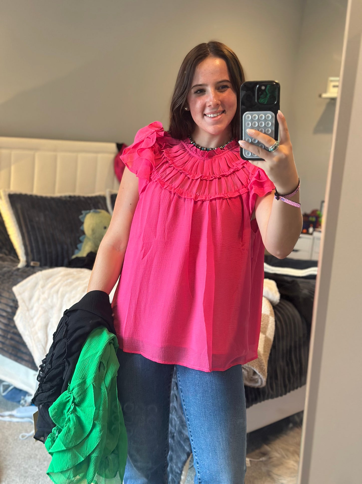 Solid chiffon mock-neck short sleeve top