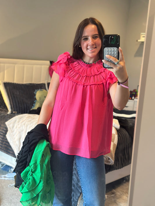 Solid chiffon mock-neck short sleeve top