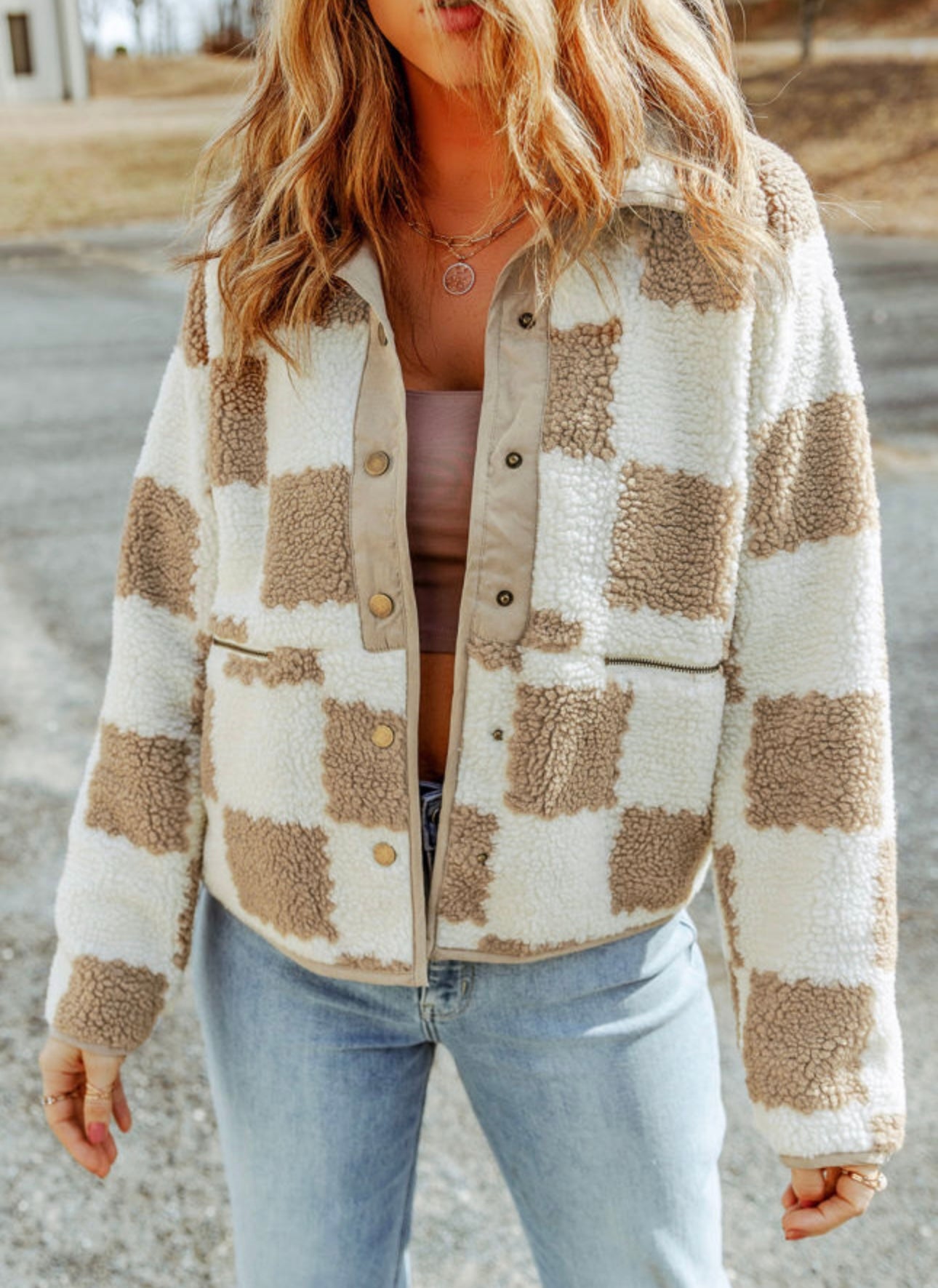 Brown checkered snap button Sherpa jacket