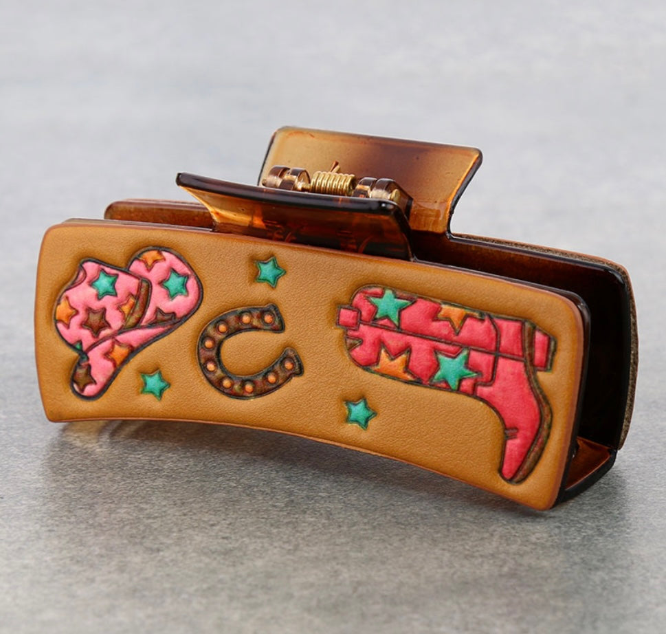 Large tooled leather western claw clip