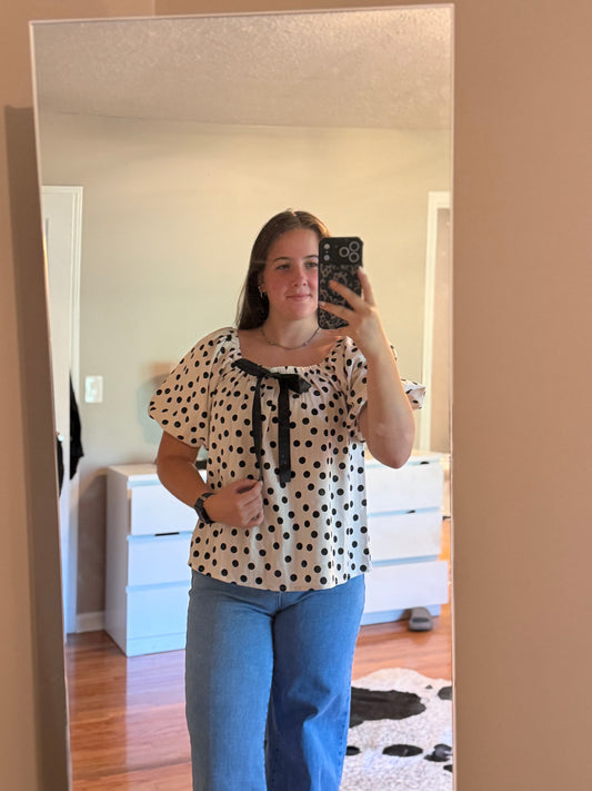 POLKA DOT BOW ELASTIC OPENING PUFF SLEEVES TOP