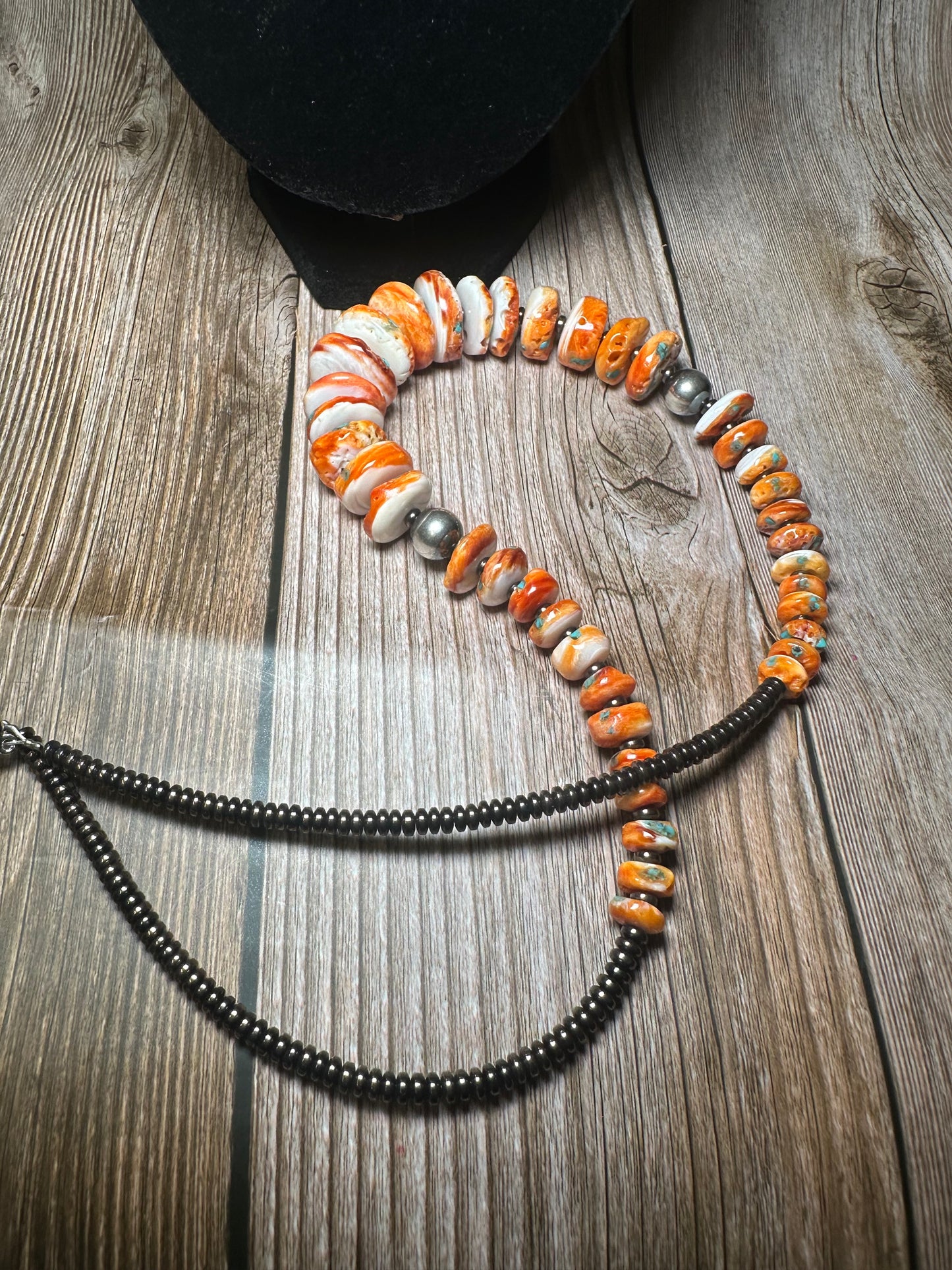 22 Inch orange spiny, turquoise and sterling silver pearls