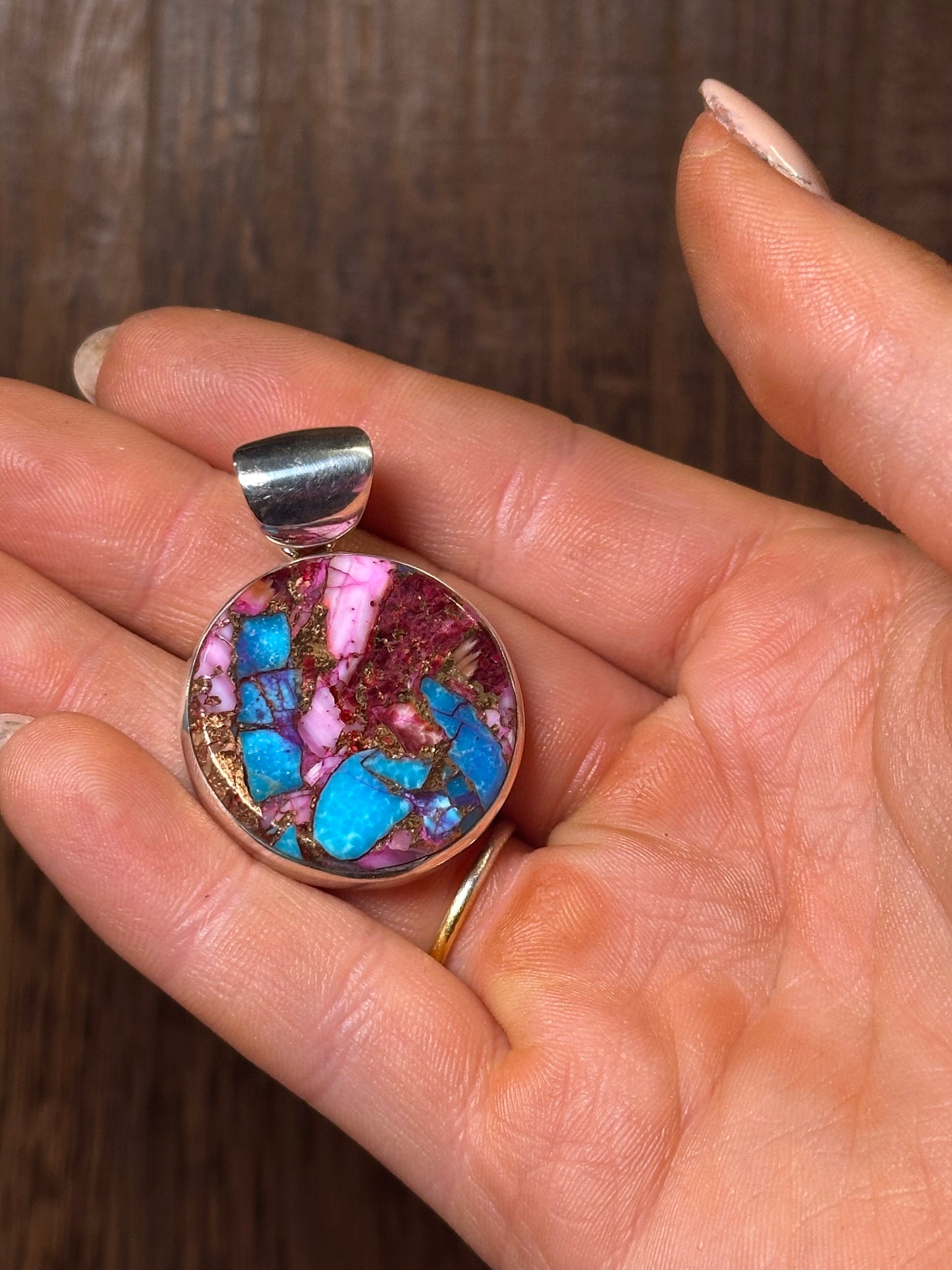 Navajo Sterling Silver & Pink Dream Circle Pendant