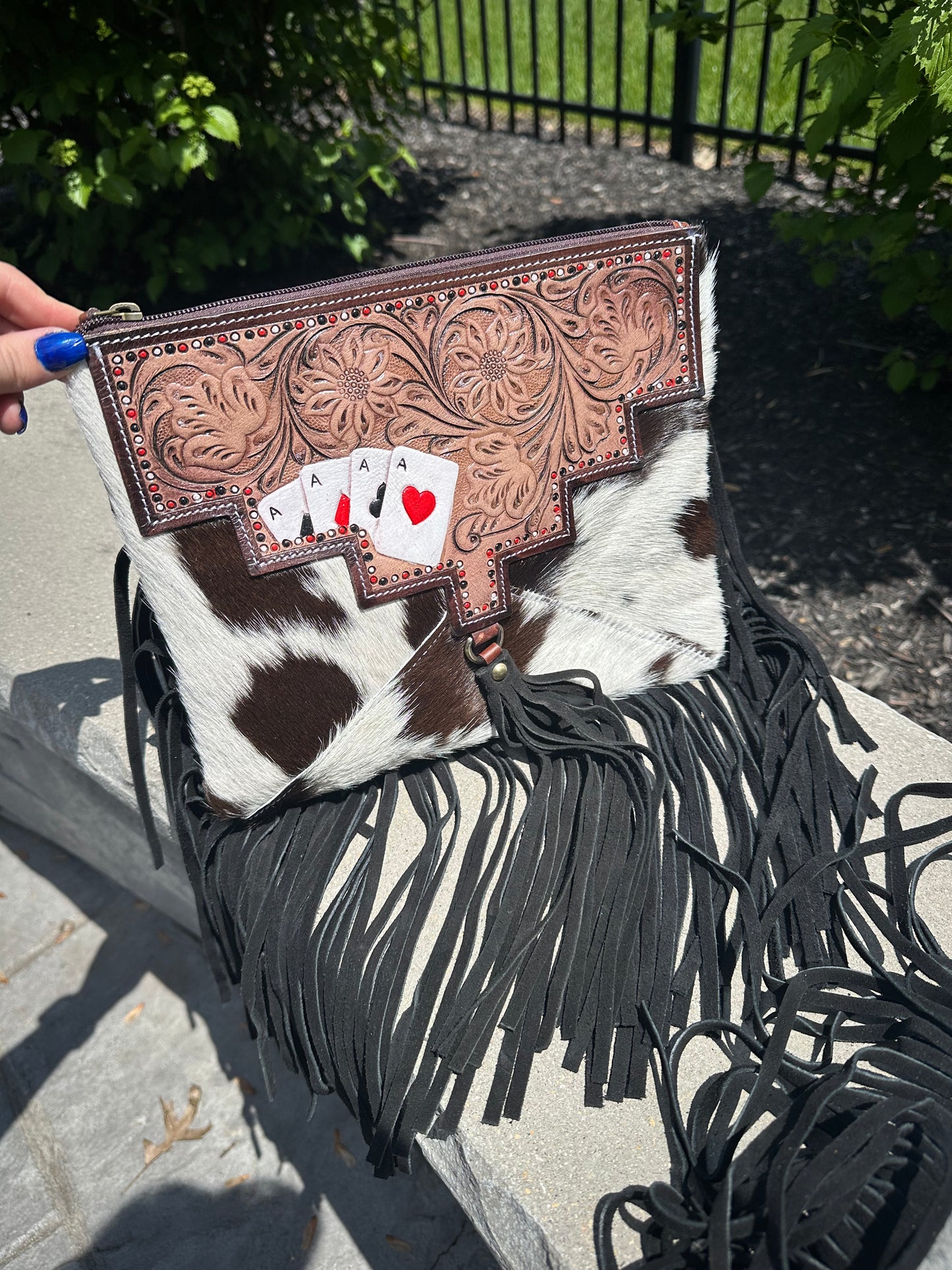 Hand Tooled Genuine Cowhide Leather Fringe Aces Cards Purse