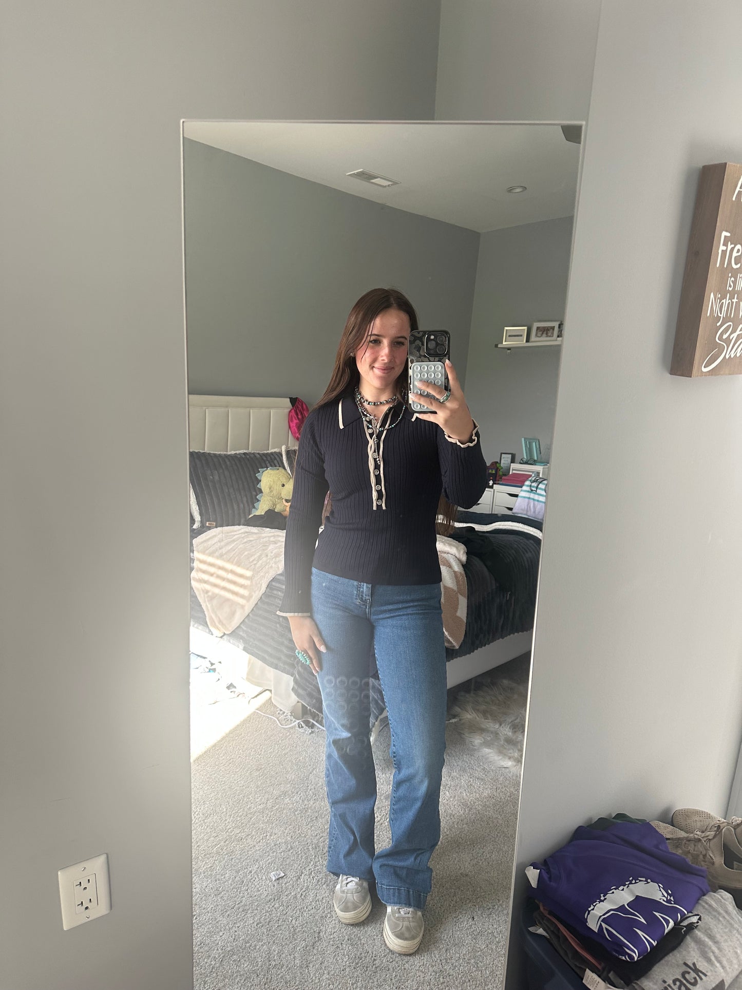 Solid ribbed long sleeve collared knit top