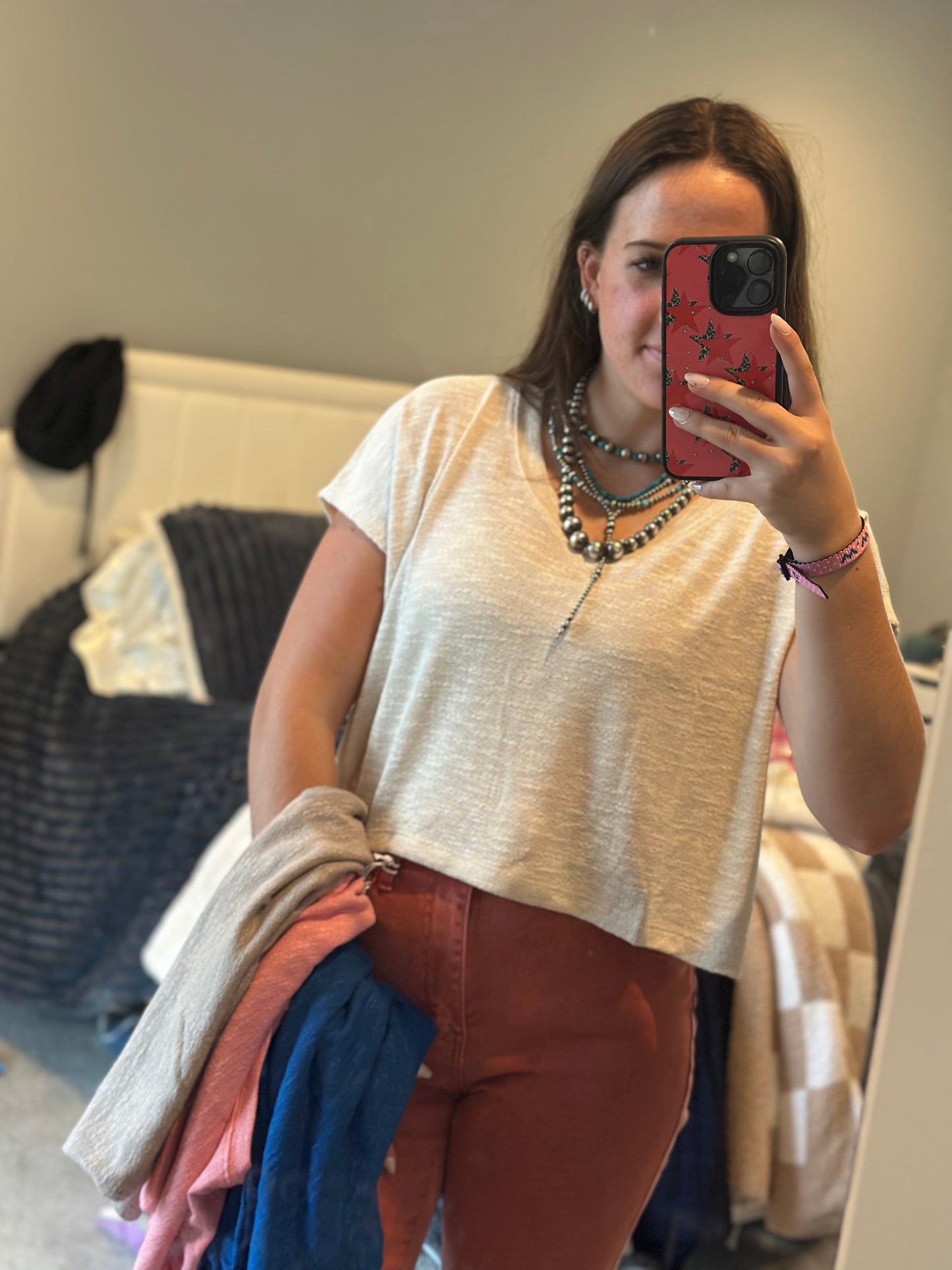 Hacci slub v-neck drop shoulder crop top