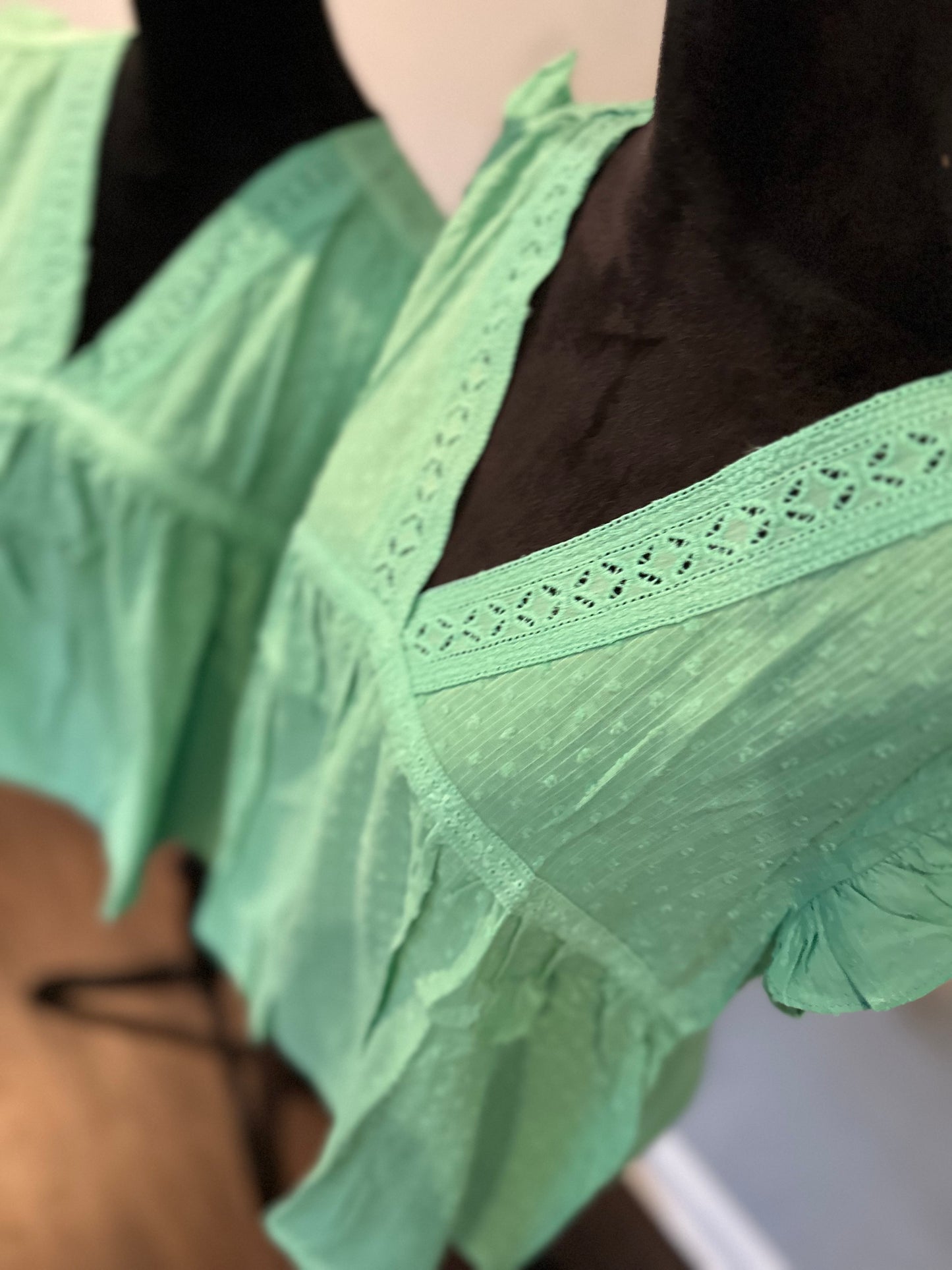 Green eyelet v neckline ruffle Swiss dot top